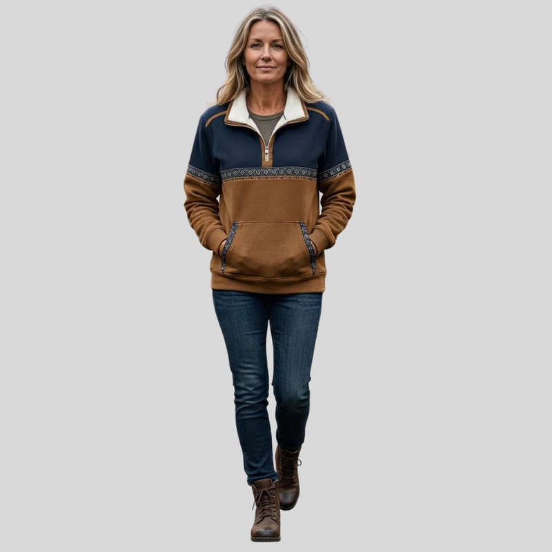Half Zip Fleece Pullover for Women with Sherpa Collar and Aztec Trim, full-length view