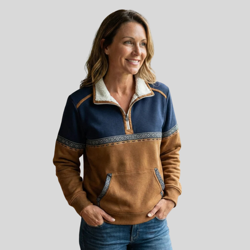 Half Zip Fleece Pullover for Women with Sherpa Collar and Aztec Trim, styled view