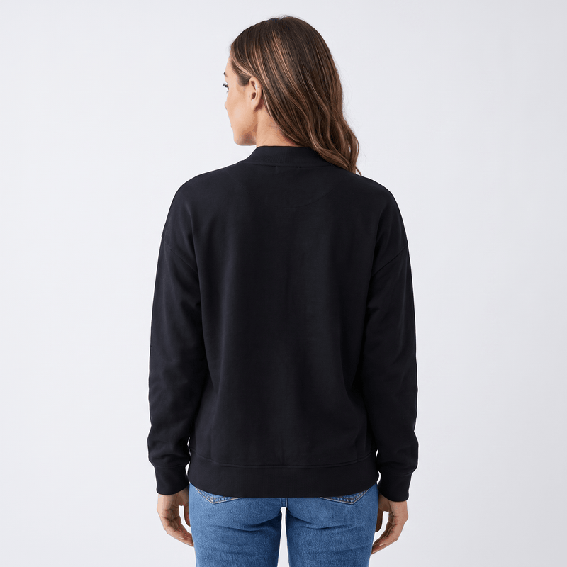 Relaxed Zip-Up Bomber Jacket for Women with Ribbed Knit Trim in Black, back view