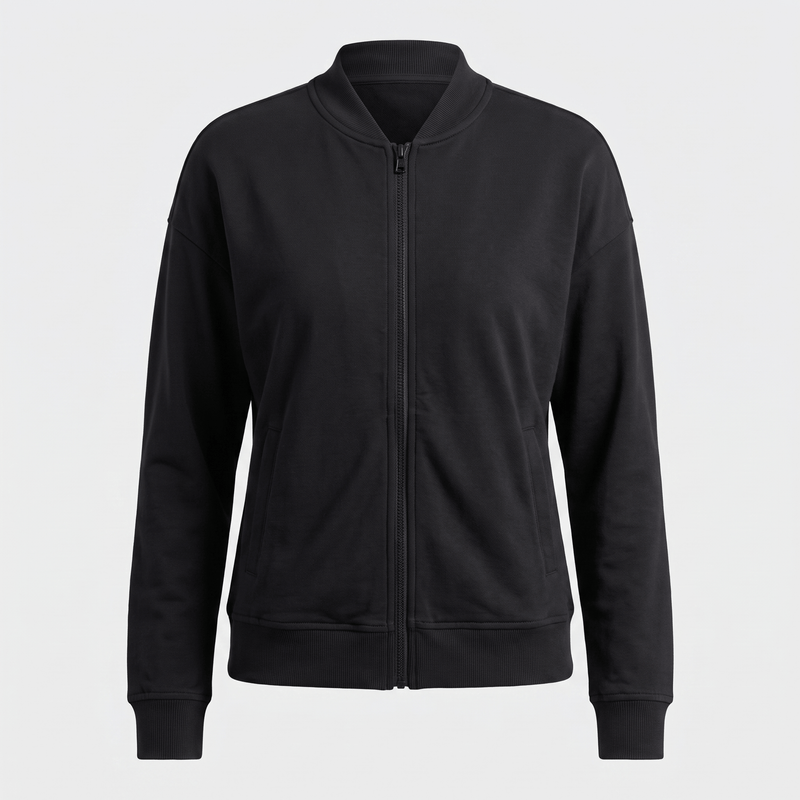Relaxed Zip-Up Bomber Jacket for Women with Ribbed Knit Trim in Black, flat lay
