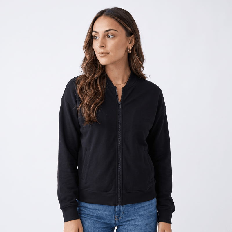 Relaxed Zip-Up Bomber Jacket for Women with Ribbed Knit Trim in Black, front view