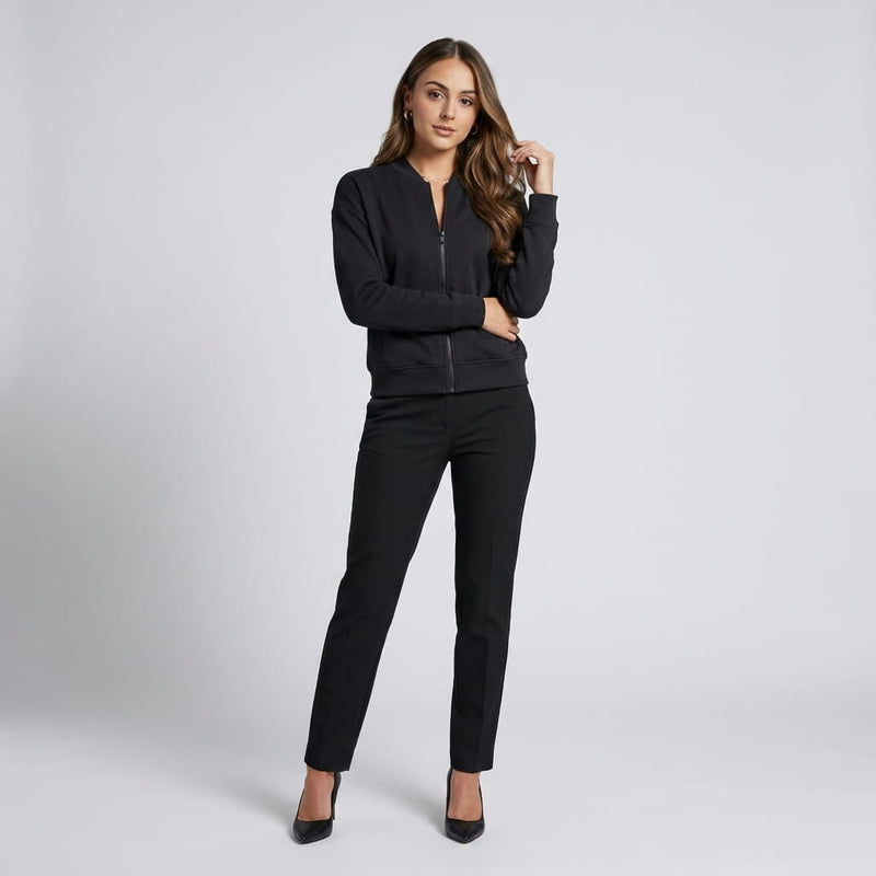 Relaxed Zip-Up Bomber Jacket for Women with Ribbed Knit Trim in Black, full-length view