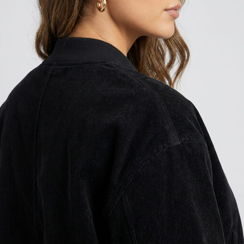 Relaxed Zip-Up Bomber Jacket for Women with Ribbed Knit Trim in Black, shoulder detail