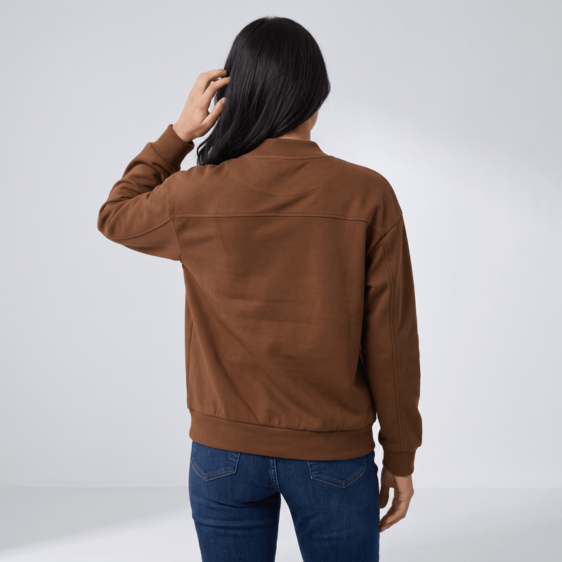 Relaxed Zip-Up Bomber Jacket for Women with Ribbed Knit Trim in Brown, back view