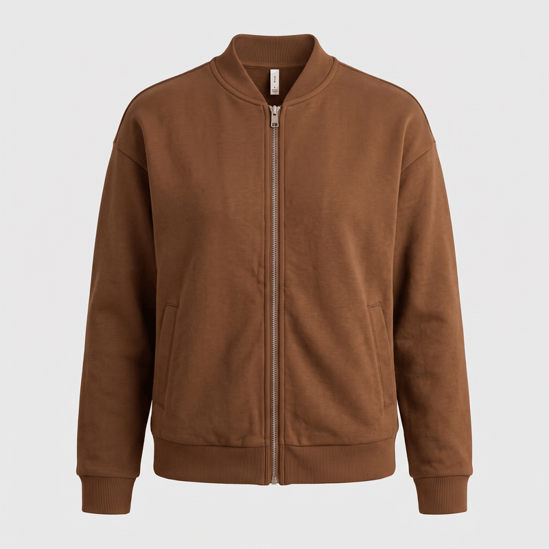 Relaxed Zip-Up Bomber Jacket for Women with Ribbed Knit Trim in Brown, flat lay