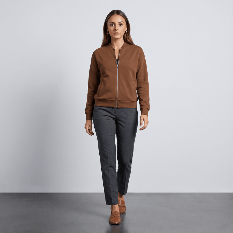 Relaxed Zip-Up Bomber Jacket for Women with Ribbed Knit Trim in Brown, full-length view