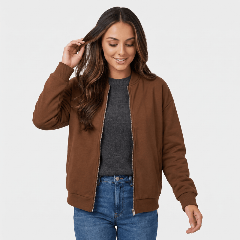 Relaxed Zip-Up Bomber Jacket for Women with Ribbed Knit Trim in Brown, open front view