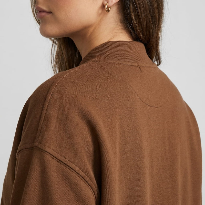 Relaxed Zip-Up Bomber Jacket for Women with Ribbed Knit Trim in Brown, shoulder detail