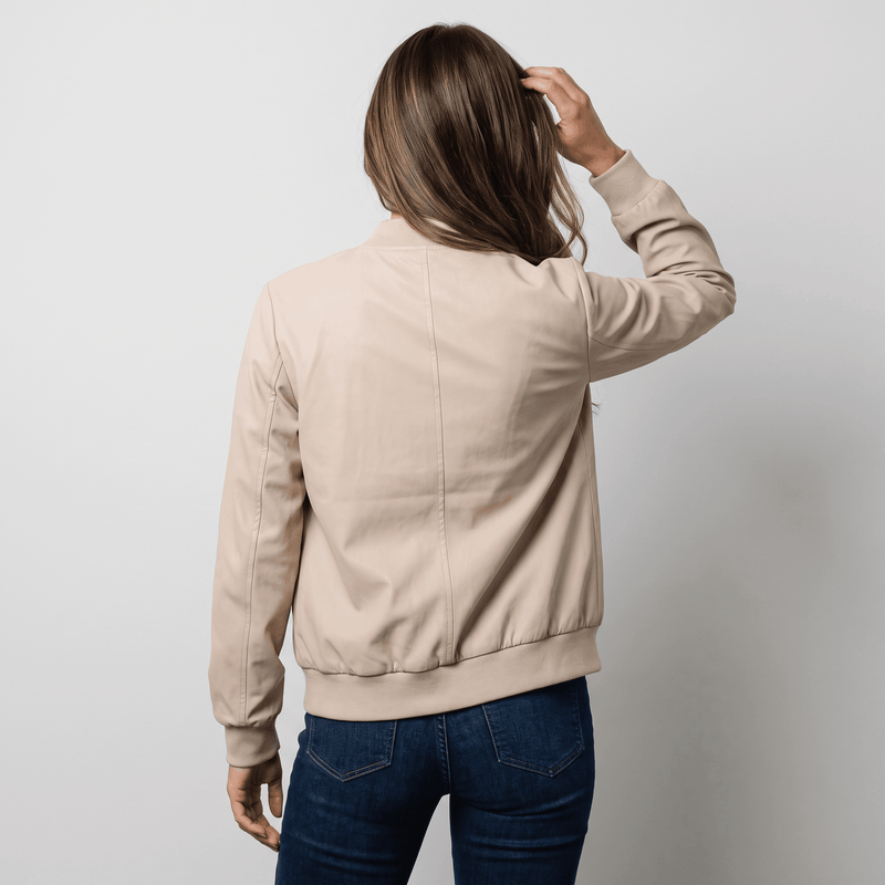Relaxed Zip-Up Bomber Jacket for Women with Ribbed Knit Trim in Cream, back view