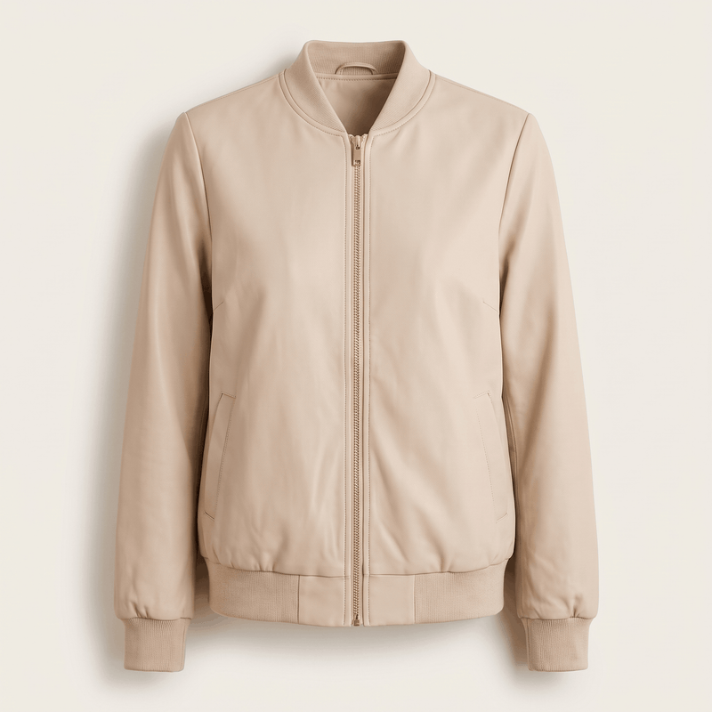 Relaxed Zip-Up Bomber Jacket for Women with Ribbed Knit Trim in Cream, flat lay