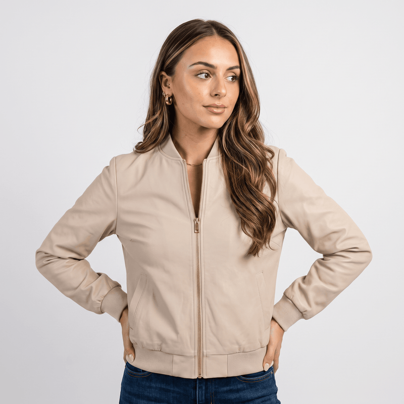 Relaxed Zip-Up Bomber Jacket for Women with Ribbed Knit Trim in Cream, front view