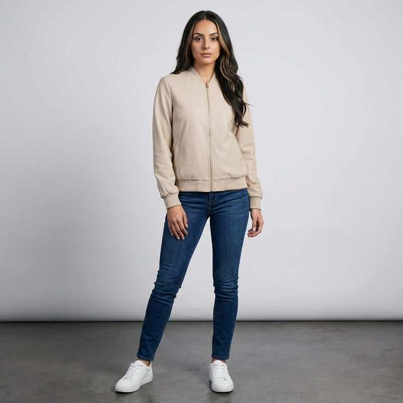 Relaxed Zip-Up Bomber Jacket for Women with Ribbed Knit Trim in Cream, full-length view