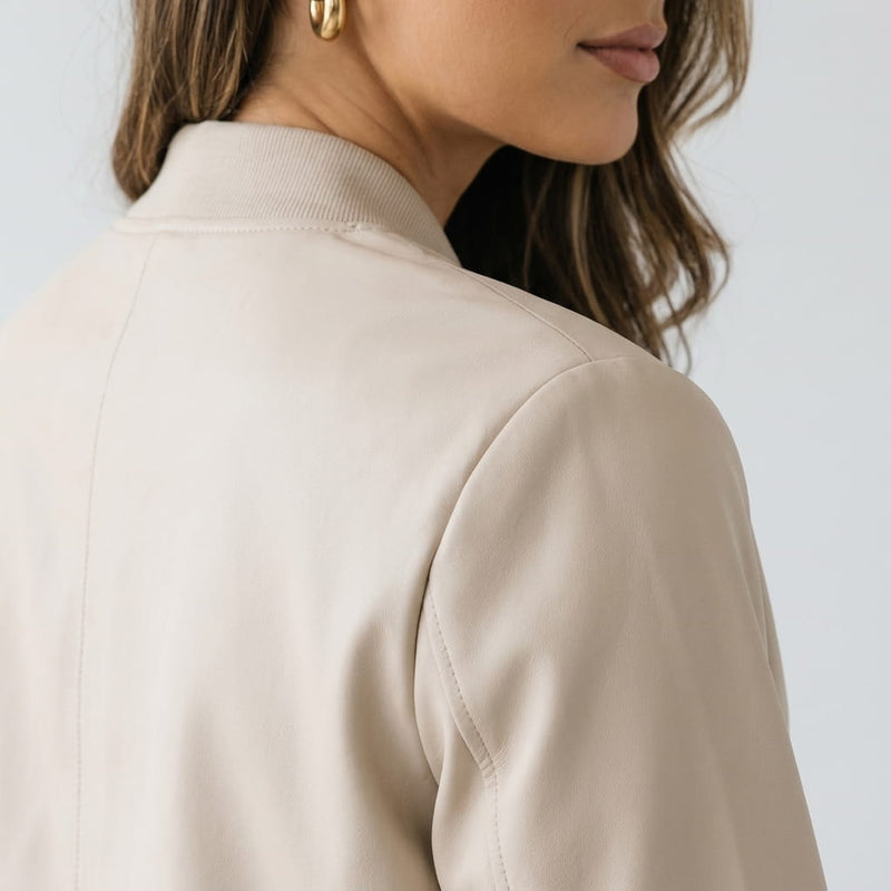 Relaxed Zip-Up Bomber Jacket for Women with Ribbed Knit Trim in Cream, shoulder detail