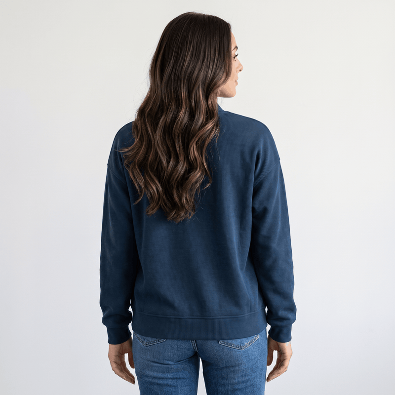 Relaxed Zip-Up Bomber Jacket for Women with Ribbed Knit Trim in Dark Blue, back view