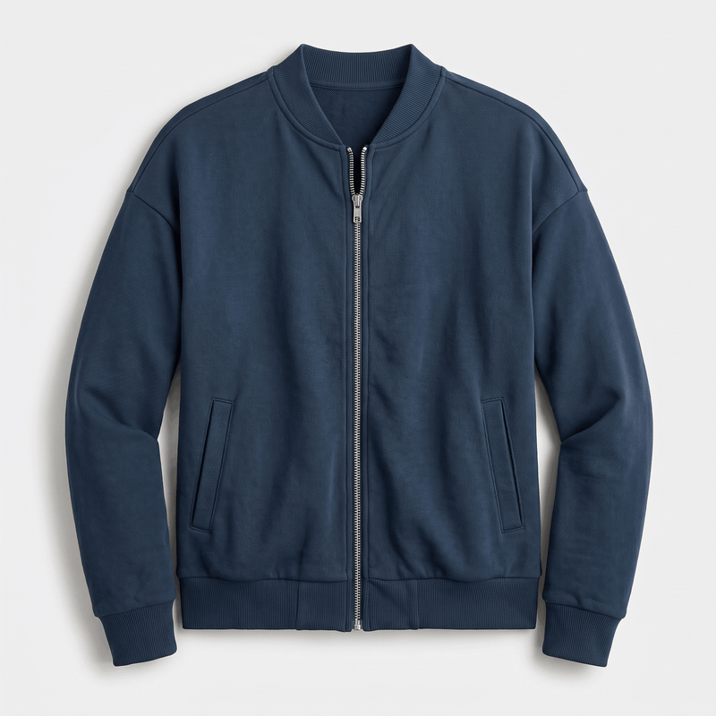 Relaxed Zip-Up Bomber Jacket for Women with Ribbed Knit Trim in Dark Blue, flat lay