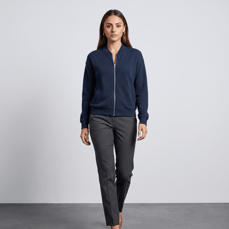 Relaxed Zip-Up Bomber Jacket for Women with Ribbed Knit Trim in Dark Blue, full-length view