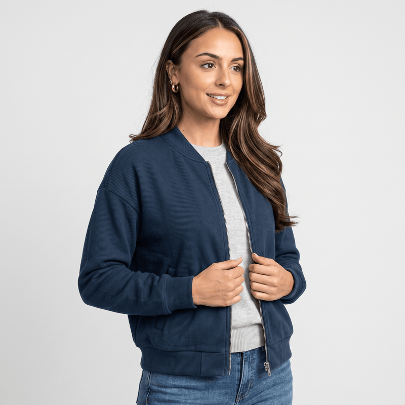 Relaxed Zip-Up Bomber Jacket for Women with Ribbed Knit Trim in Dark Blue, open front view