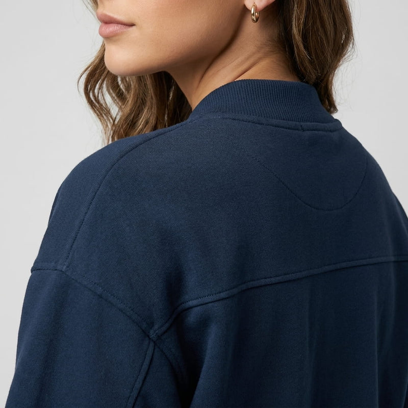 Relaxed Zip-Up Bomber Jacket for Women with Ribbed Knit Trim in Dark Blue, shoulder detail