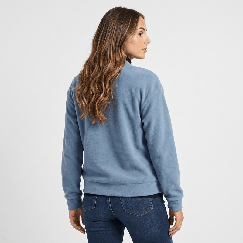 Relaxed Zip-Up Bomber Jacket for Women with Ribbed Knit Trim in Light Blue, back view