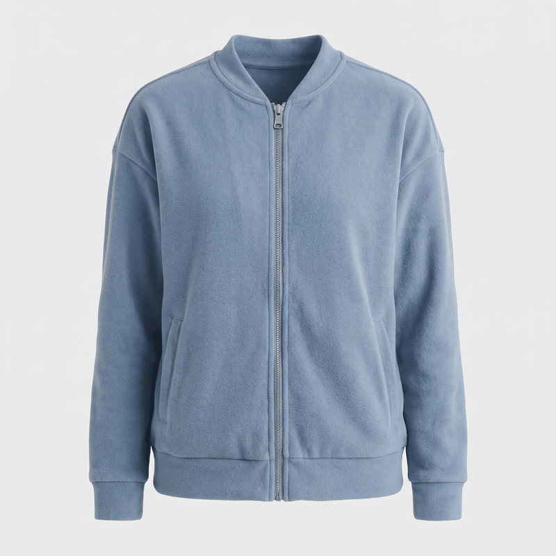 Relaxed Zip-Up Bomber Jacket for Women with Ribbed Knit Trim in Light Blue, flat lay