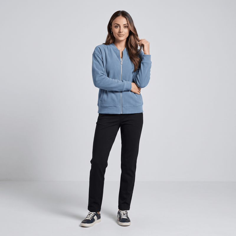 Relaxed Zip-Up Bomber Jacket for Women with Ribbed Knit Trim in Light Blue, full-length view