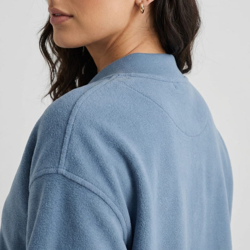 Relaxed Zip-Up Bomber Jacket for Women with Ribbed Knit Trim in Light Blue, shoulder detail