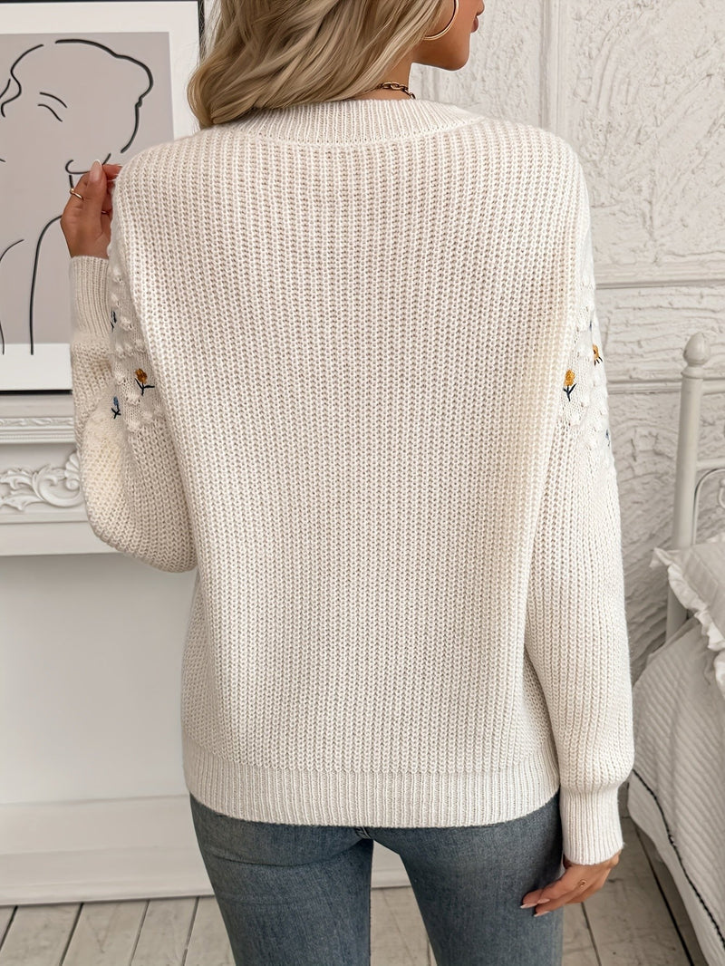 Floral Embroidered Sweater for Women with Textured Yoke and Crew Neck in White, back view