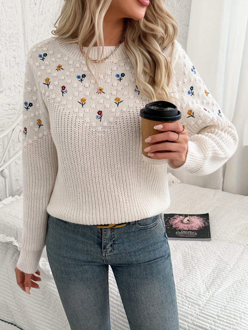Floral Embroidered Sweater for Women with Textured Yoke and Crew Neck in White, styled front view