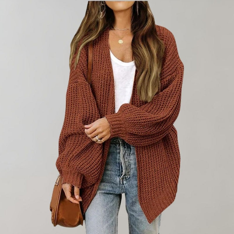 Long Chunky Knit Cardigan for Women with Open Front and Balloon Sleeves in Coffee, front view