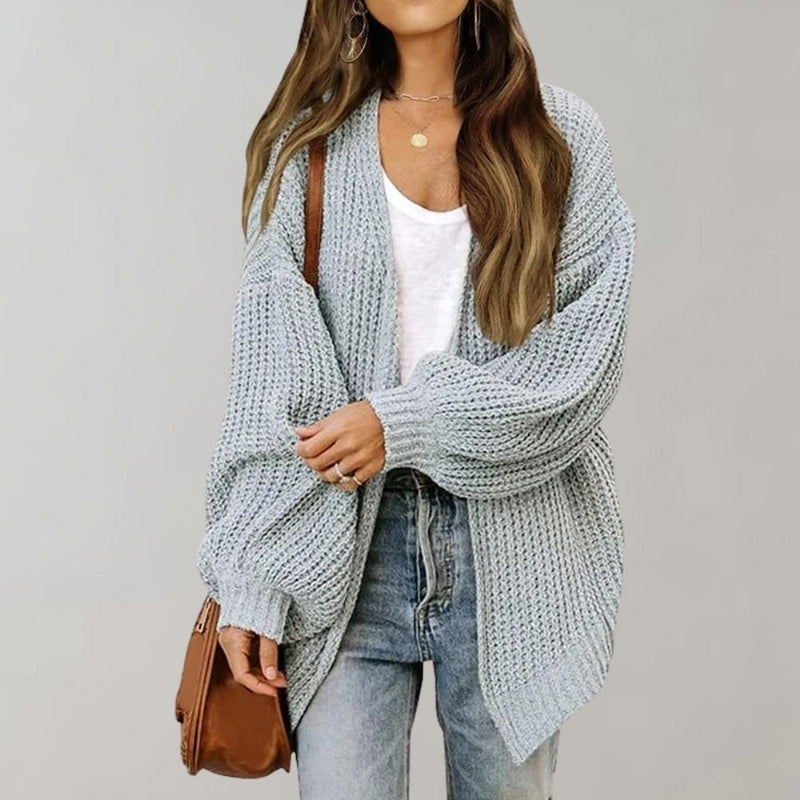 Long Chunky Knit Cardigan for Women with Open Front and Balloon Sleeves in Gray, front view