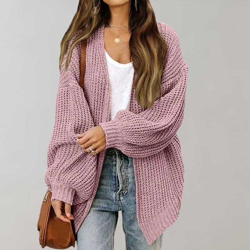 Long Chunky Knit Cardigan for Women with Open Front and Balloon Sleeves in Pink, front view