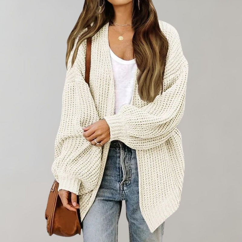 Long Chunky Knit Cardigan for Women with Open Front and Balloon Sleeves in White, front view
