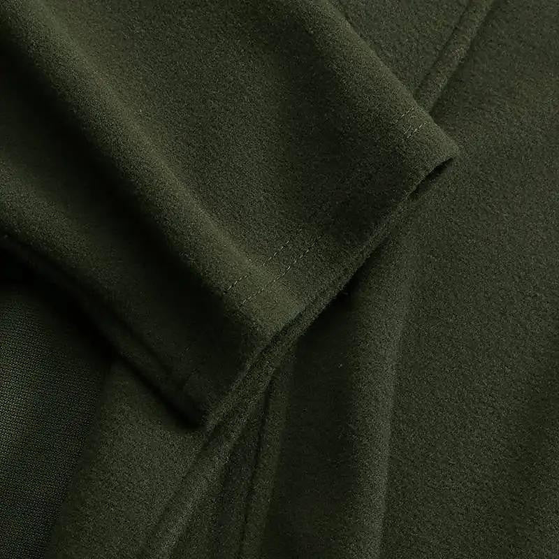 Long Wool-Look Duster Coat for Women with Wide Lapel and Side Pockets in Olive Green, fabric close-up