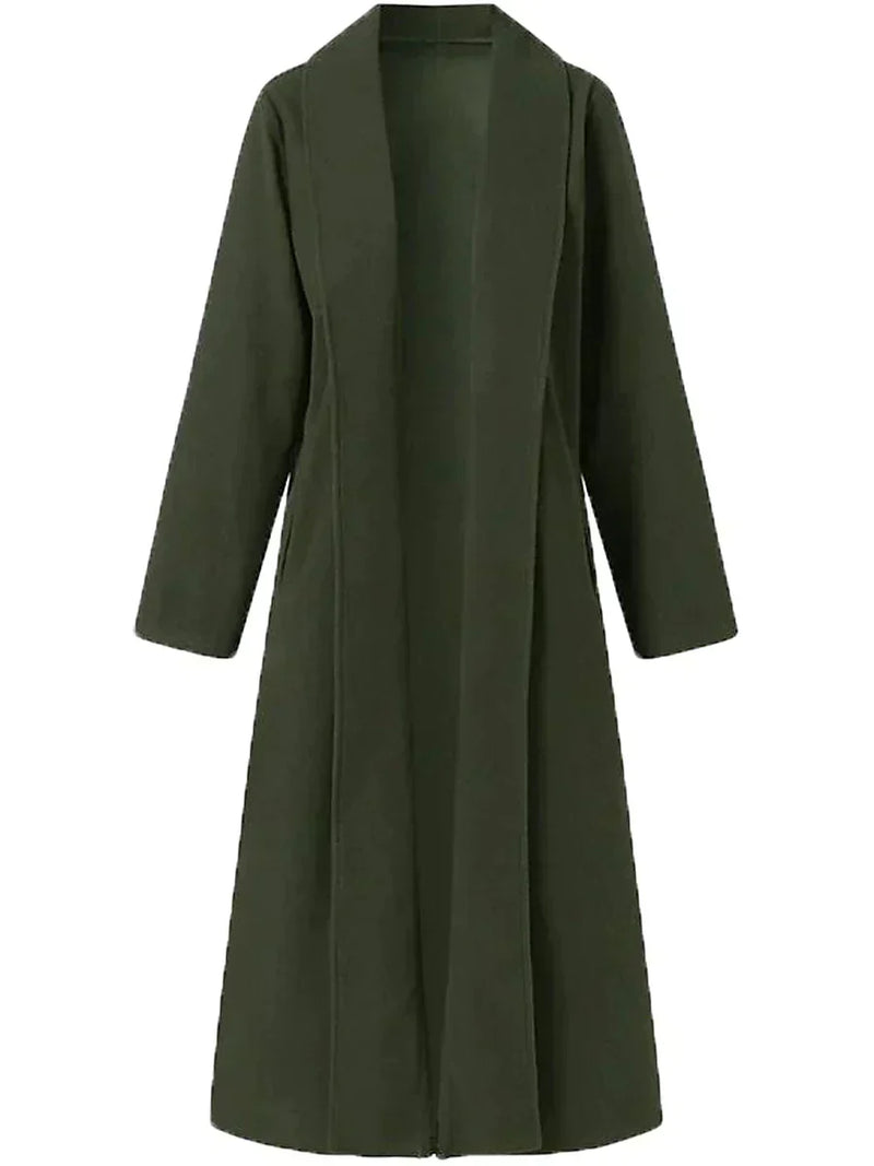 Long Wool-Look Duster Coat for Women with Wide Lapel and Side Pockets in Olive Green, flat lay