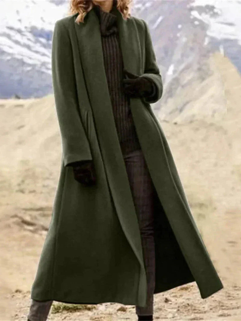 Long Wool-Look Duster Coat for Women with Wide Lapel and Side Pockets in Olive Green, front view