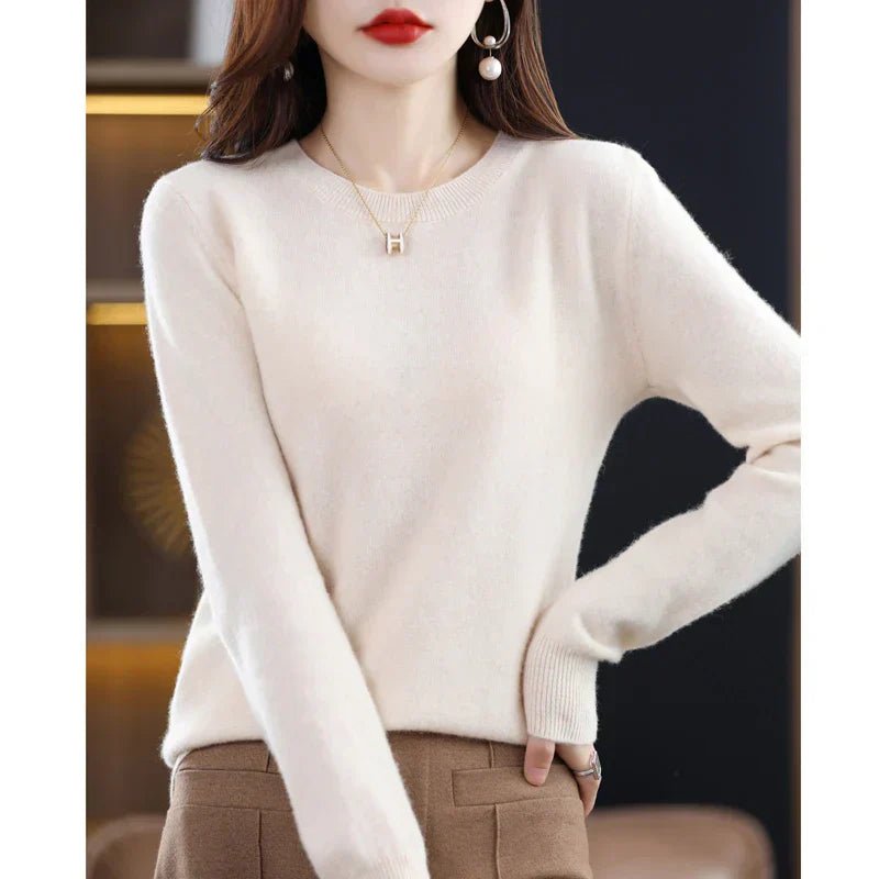 Crew Neck Pullover Sweater for Women with Long Sleeves and Ribbed Cuffs in Beige, front view