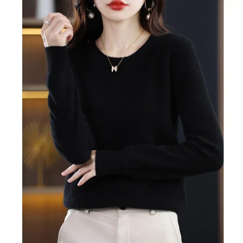 Crew Neck Pullover Sweater for Women with Long Sleeves and Ribbed Cuffs in Black, front view
