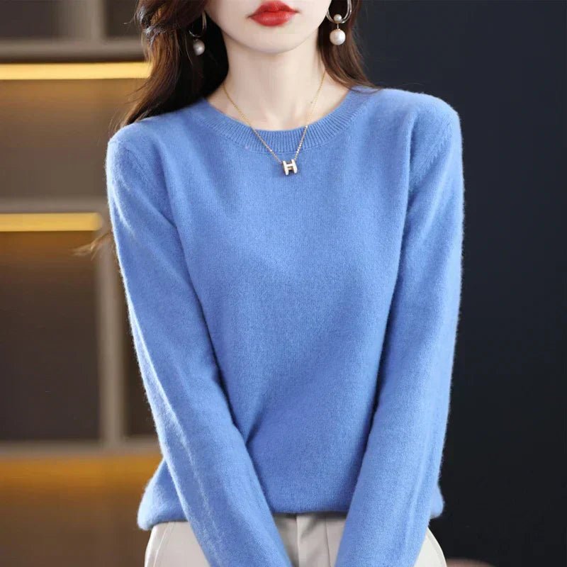 Crew Neck Pullover Sweater for Women with Long Sleeves and Ribbed Cuffs in Blue, front view