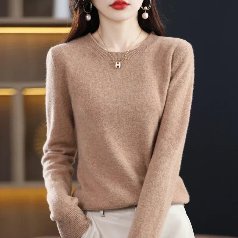 Crew Neck Pullover Sweater for Women with Long Sleeves and Ribbed Cuffs in Camel, front view
