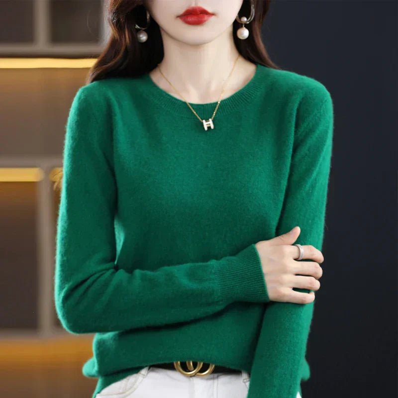 Crew Neck Pullover Sweater for Women with Long Sleeves and Ribbed Cuffs in Dark Green, front view