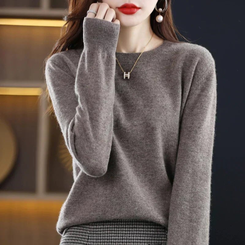 Crew Neck Pullover Sweater for Women with Long Sleeves and Ribbed Cuffs, front view