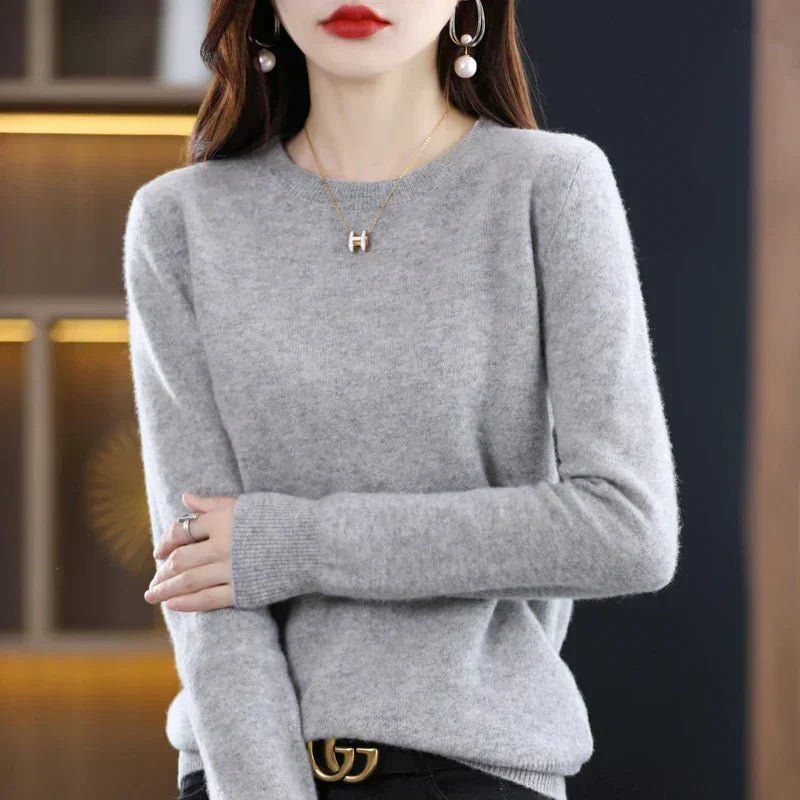 Crew Neck Pullover Sweater for Women with Long Sleeves and Ribbed Cuffs in Gray, front view