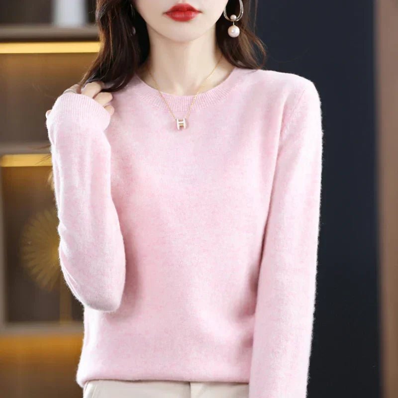 Crew Neck Pullover Sweater for Women with Long Sleeves and Ribbed Cuffs in Light Pink, front view