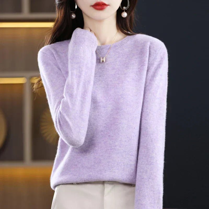Crew Neck Pullover Sweater for Women with Long Sleeves and Ribbed Cuffs in Light Purple, front view