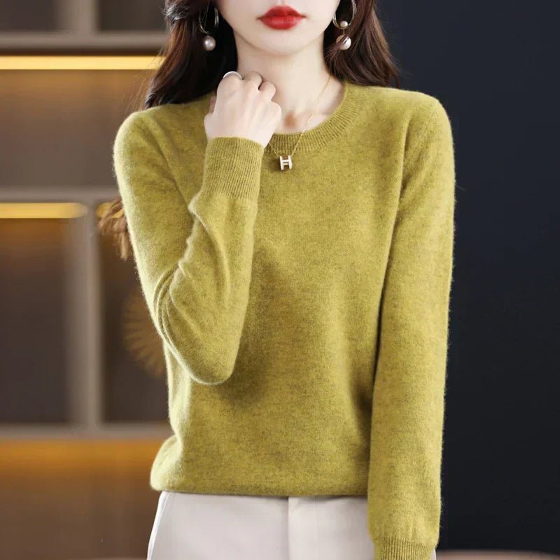 Crew Neck Pullover Sweater for Women with Long Sleeves and Ribbed Cuffs in Mustard, front view