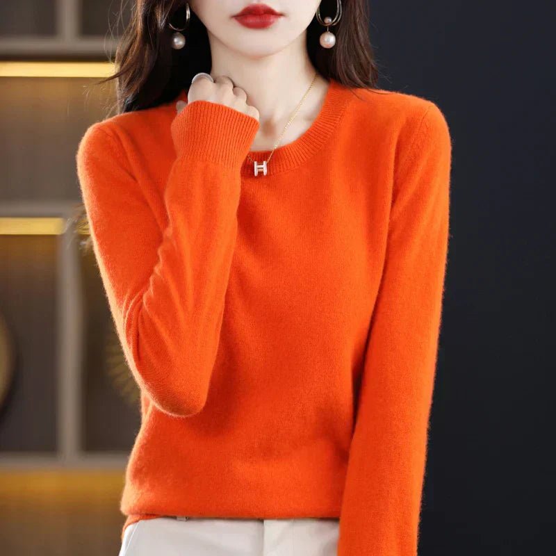 Crew Neck Pullover Sweater for Women with Long Sleeves and Ribbed Cuffs in Orange, front view
