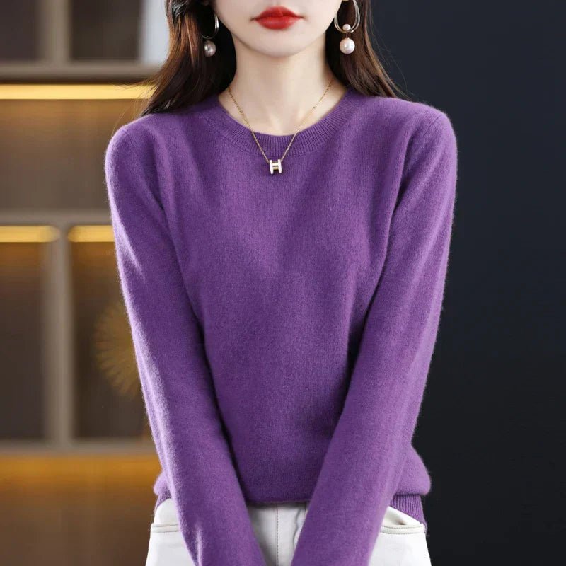 Crew Neck Pullover Sweater for Women with Long Sleeves and Ribbed Cuffs in Purple, front view