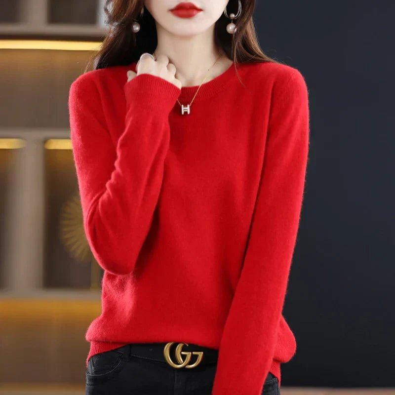 Crew Neck Pullover Sweater for Women with Long Sleeves and Ribbed Cuffs in Red, front view