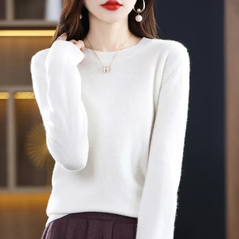 Crew Neck Pullover Sweater for Women with Long Sleeves and Ribbed Cuffs in White, front view