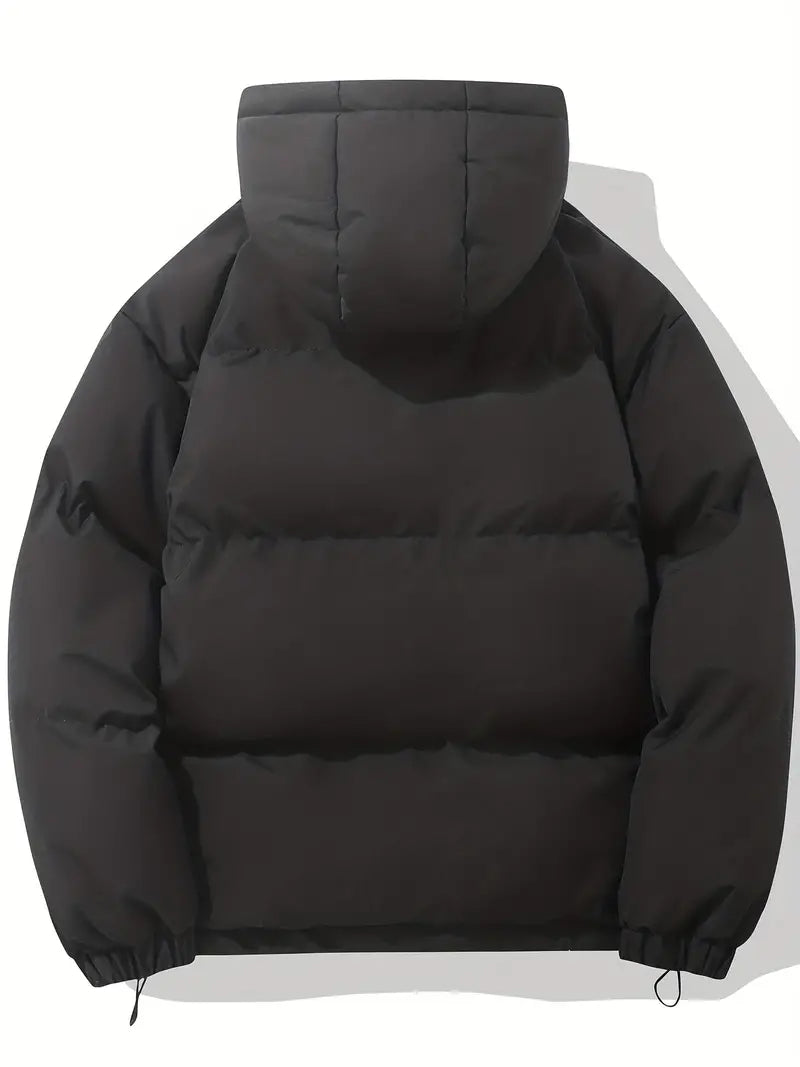 Hooded Puffer Jacket for Women with Drawstring Hem and Elastic Cuffs in Black, back view